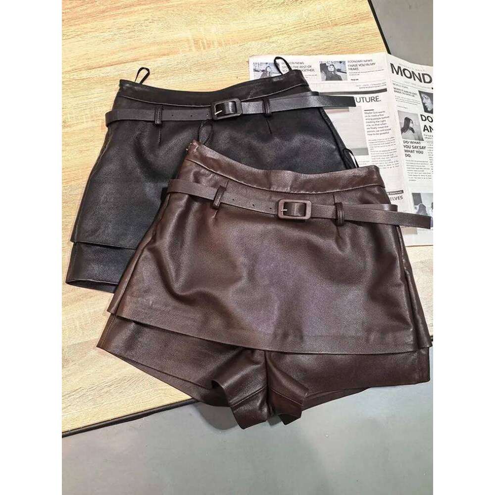 Top Quality Ladies Solid Color High Waist Genuine Leather Shorts Sweet Style Slim Sheepskin Sashes Buckle Short Trousers XJ260206