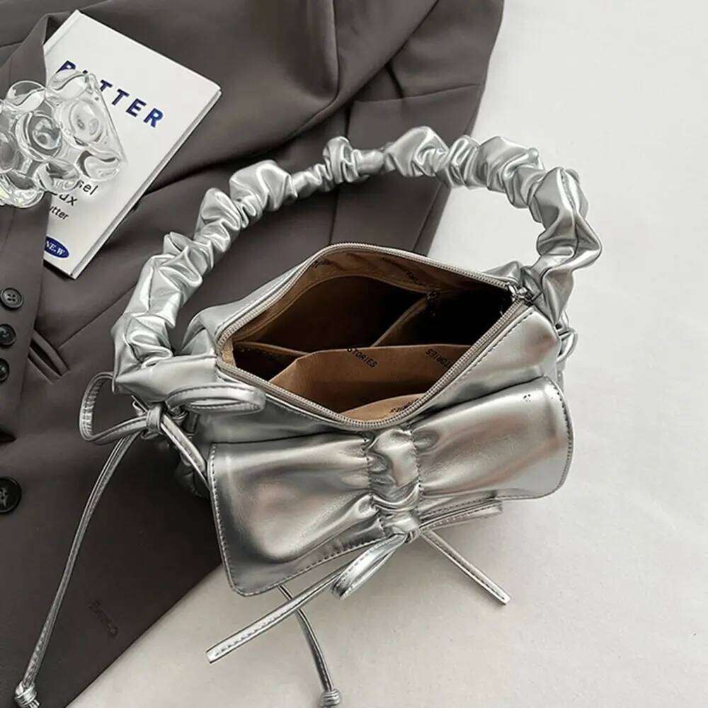 Elegant French Style Bowknot Shoulder Ruched Pu Leather Bow Underarm Solid Color Fold Strap Crossbody Bag Dairy Y260205