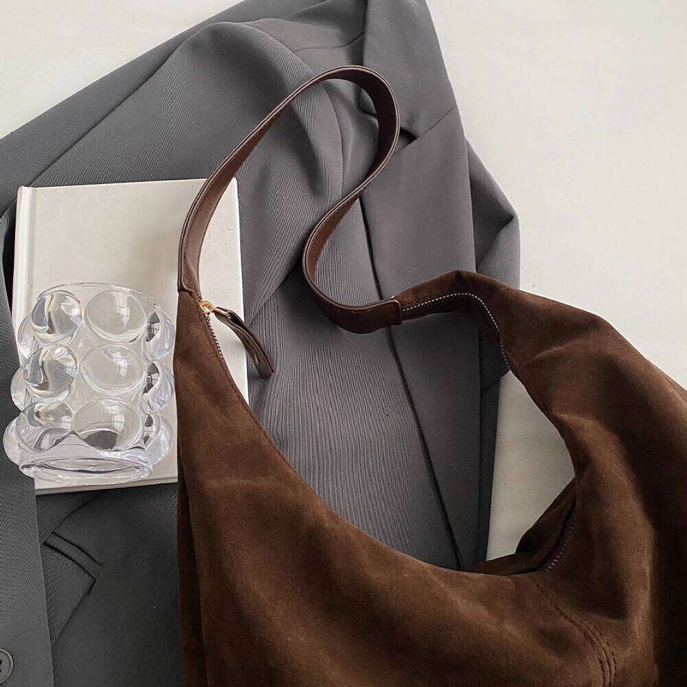 Women Suede Shoulder with Zipper Hobo Large Capacity Handbag Slouchy Commuter Travel Bag Y260205
