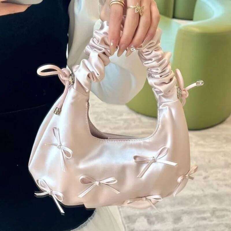 Sweet Cute Bow Handbag Women Pleated Satin Fabric Single Shoulder Ladies Ballet Style Elegant Pink Harajuku Underarm Bag New Y260205