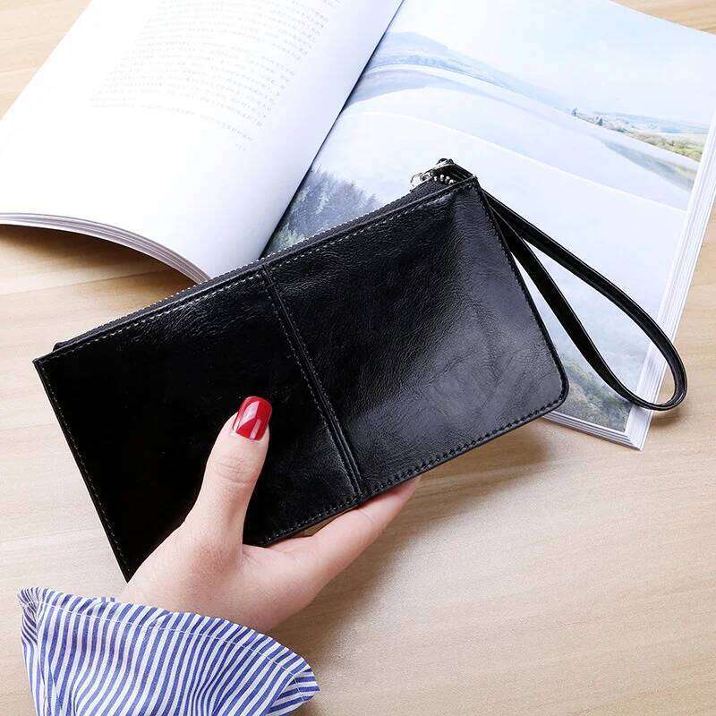 Vintage Oil Wax Leather Zipper Clutch Female Large Capacity Coin Purse Ladies Wristband Simple Card Holder Women's Wallet Y260206