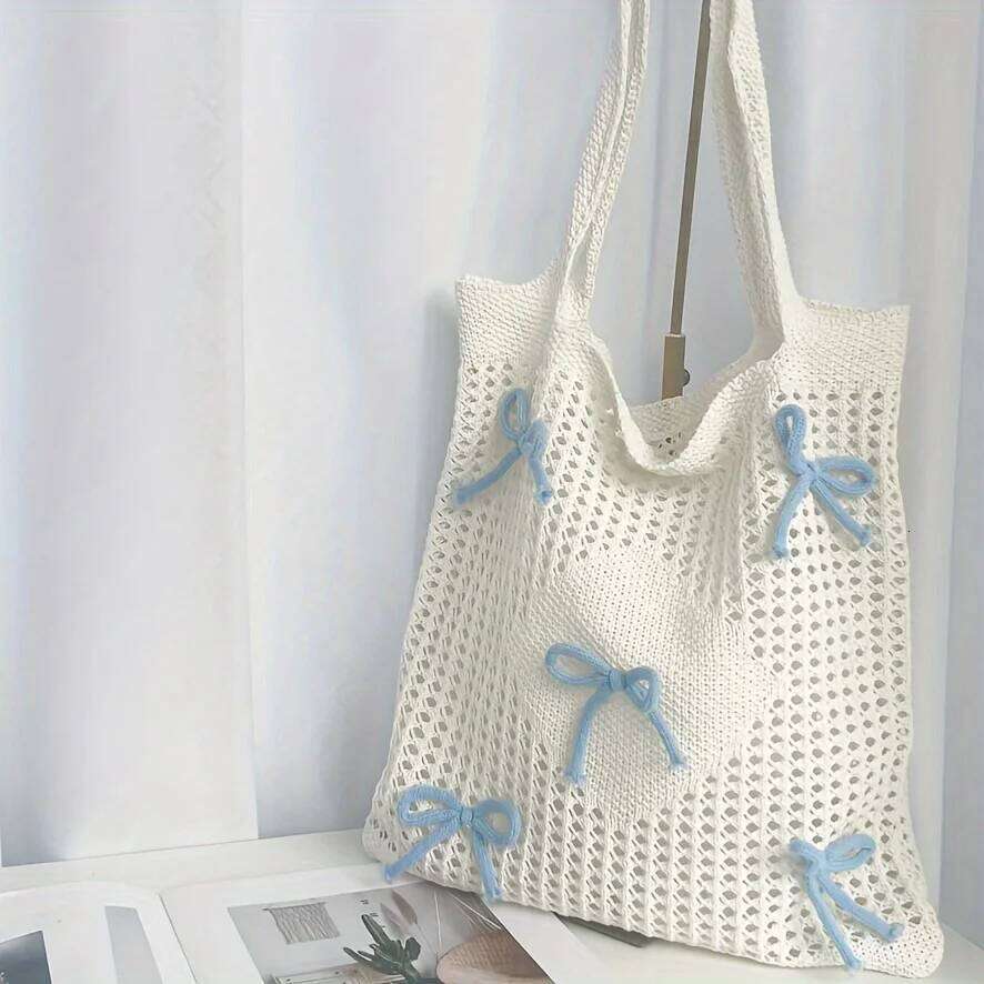 Preppy Style Crochet Tote with Butterfly Accents, Solid Color Polyester Shoulder Bag, Foldable Fashion Beach Bag Y260205