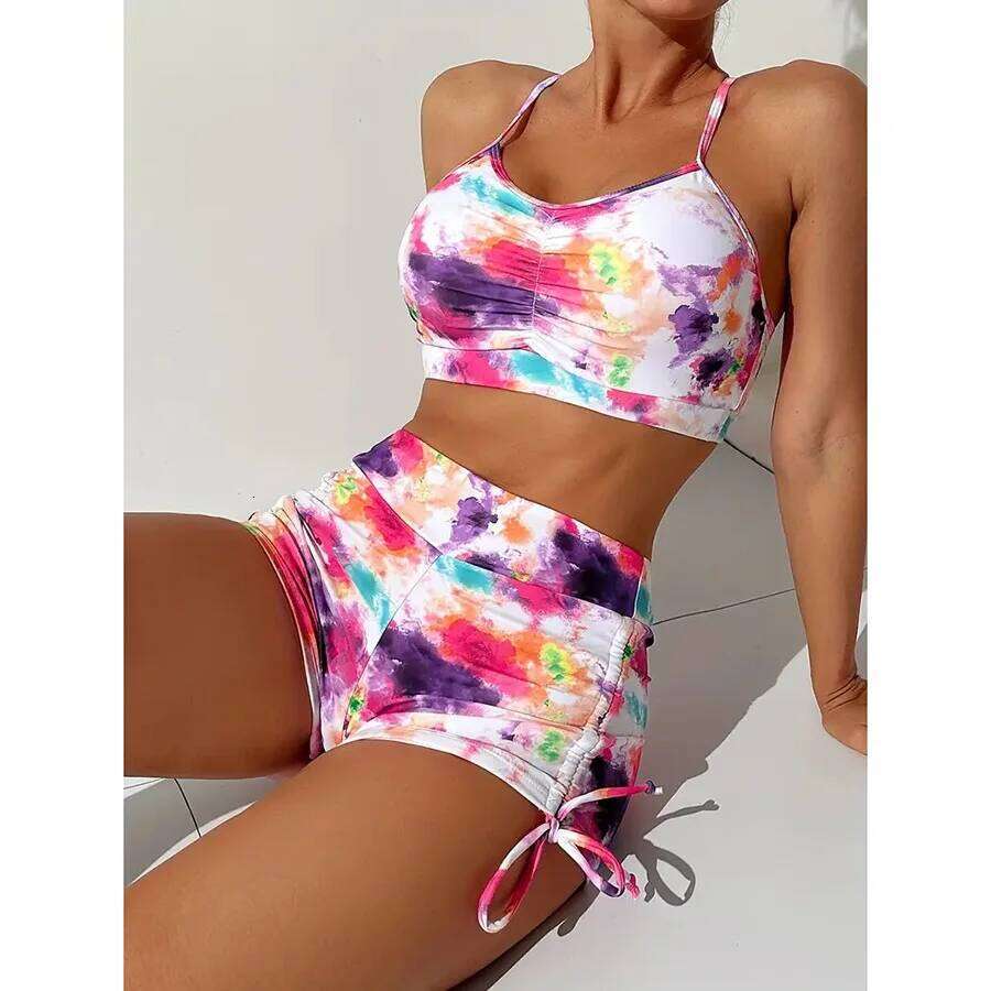 2025 Trendy Tie-Dye Bikini Set High Waisted Swimwear for Women Briefs & Sexy Rash Guard Summer Vintage Printed Bathing Suit New Z260206