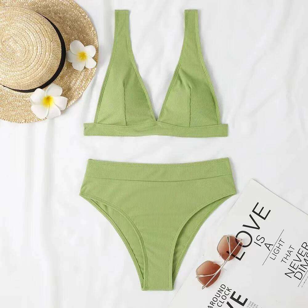 2024 Solid Small Pit Stripe High Waisted V-Neck Bikini Women Sexy Split Swimming Female Ribbed Two-Pieces Beach Swimsuit Suits XJ260206