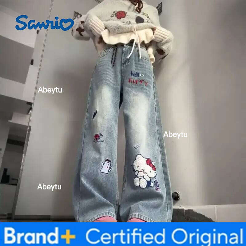 Sanrio Hello Kitty women's Embroidery Wide Leg Jeans Denim For Plus Size Retro Cartoon Style Slimming High Waist Trendy Fashion H260206