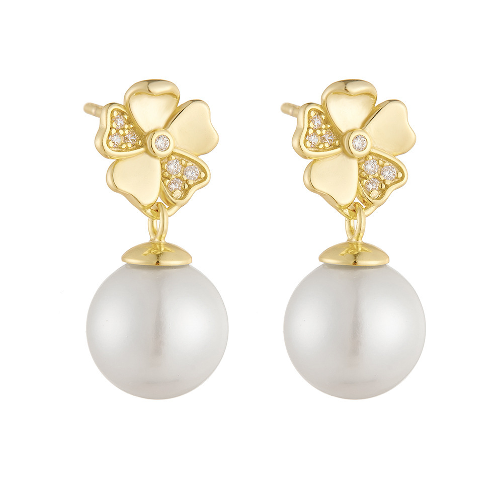 elegant minimalist pearl S925 silver fashion diamond-studded five-leaf clover flower real gold plated stud earrings