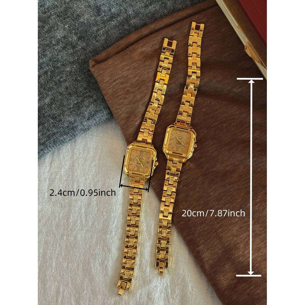 1New Gold Square Dial Elegant Simple Casual Style, Roman Numeral Dial, Fashionable Unique, 30m Waterproof Durable Women's Quartz Watch, Suitable 