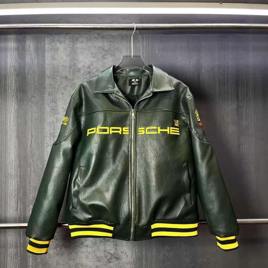 Embroidered Racing Suit Spring And Autumn Men's Stand Collar Striped Zipper PU Plus Size Motorcycle Leather Jacket Custom