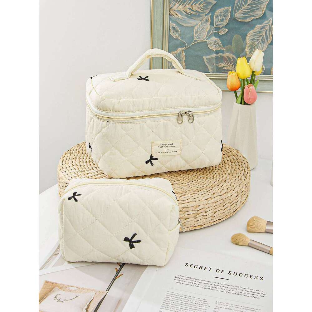 1pc/set beige bow quilted large capacity zipper bag, multifunctional travel storage makeup bag Y260206