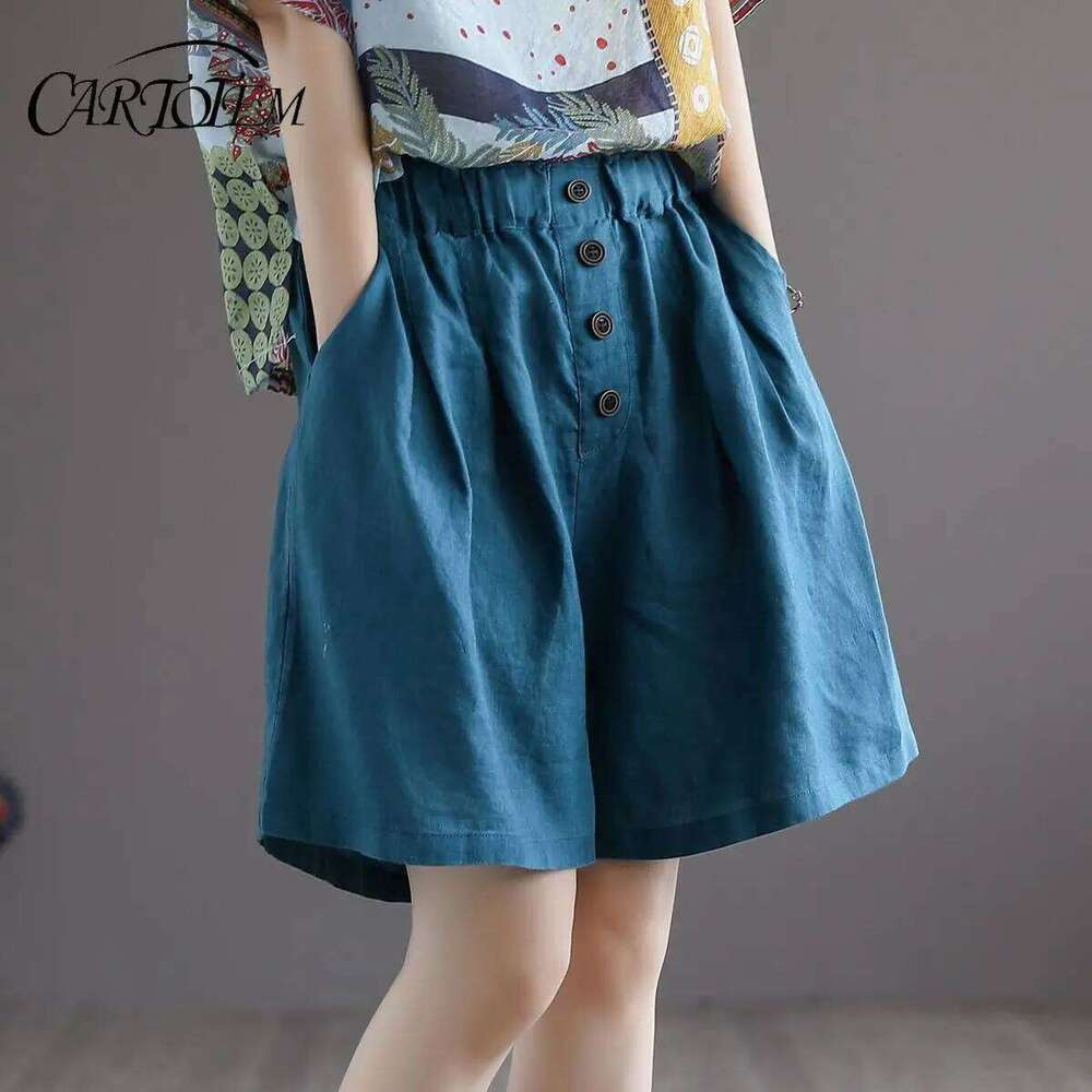 Summer Shorts Women's Button Solid Color Versatile Loose Cotton Linen Retro Style Wide Leg XJ260206