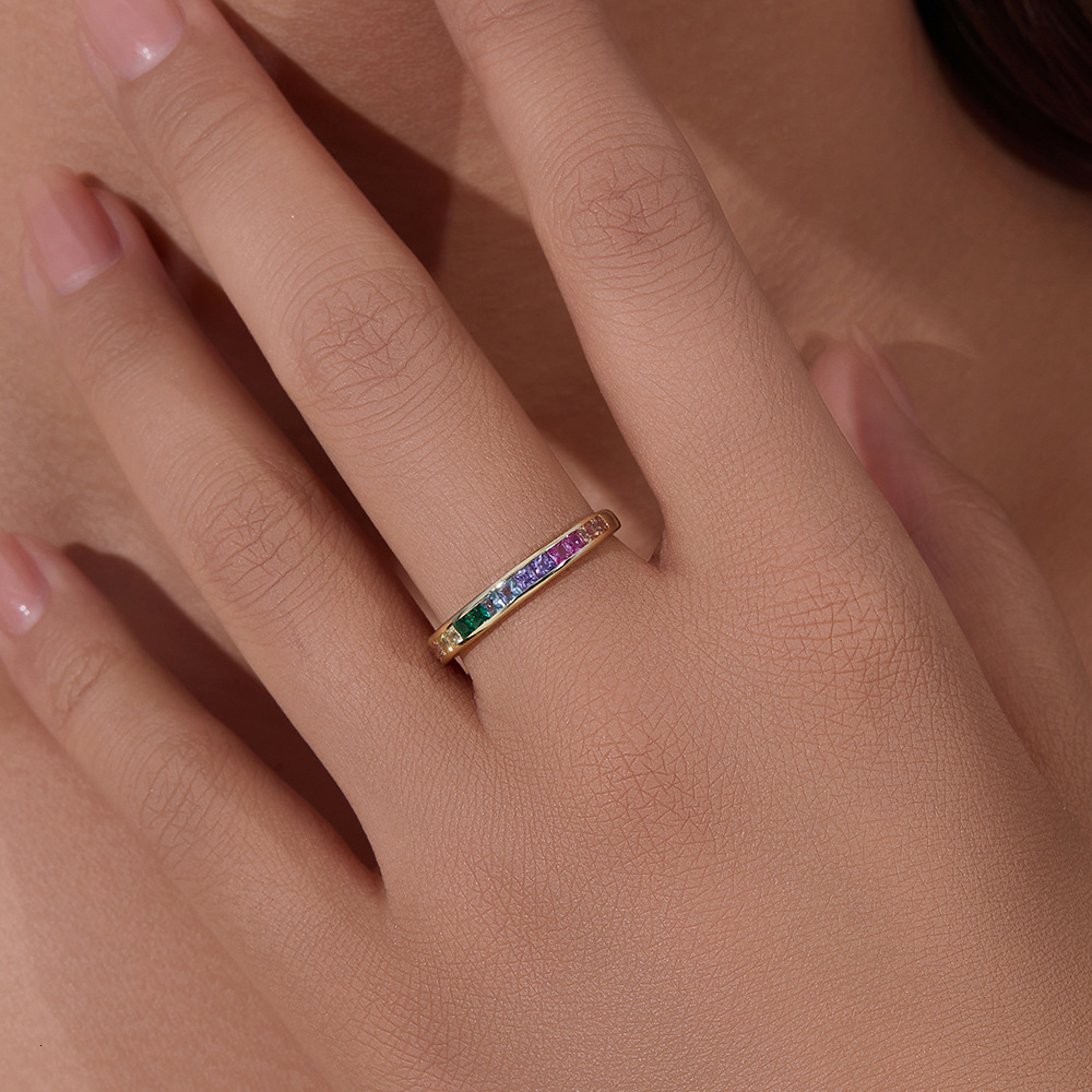 Peishang Accessories S925 Sterling Silver Micro-Inlaid Square Rainbow Zircon Women's Fashion Ring Jewelry