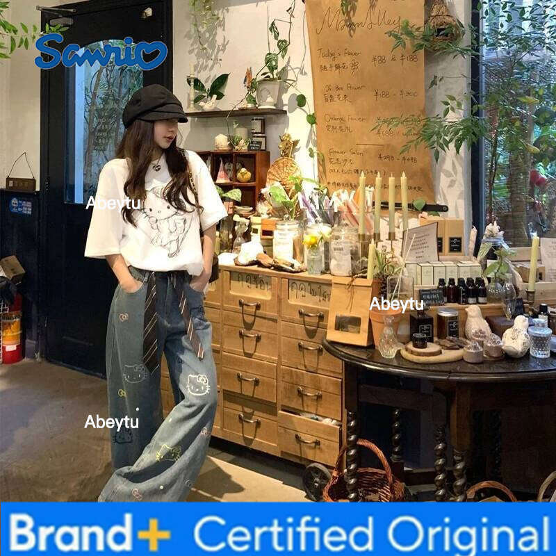 Sanrio Hello Kitty Jeans Denim For Plus Size Women Autumn Fashion Embroidery Loose Fit Slimming Straight Leg Niche Design H260206