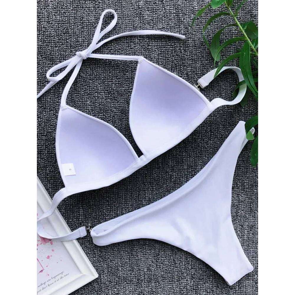 2025 Halter Bra Cup Sexy Swimsuit Female White Swimwear Women Push up Bikini set Brazilian Bathing Suit Bandeau Swim suit Z260206