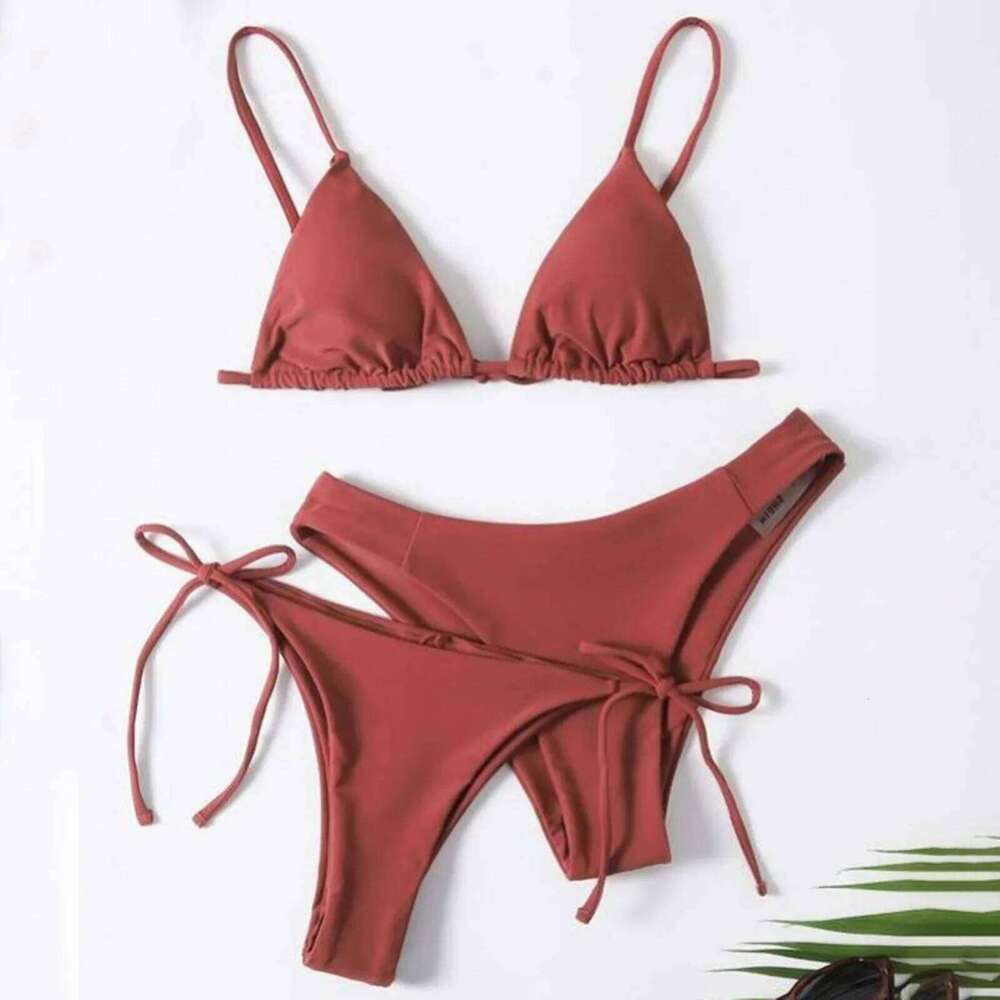 Women's Summer Fashion Sexy Basic Solid Color Backless Lace-up High Waist Adjust Buckle Sling Bikini Three-pieces Swimsuit Z260206