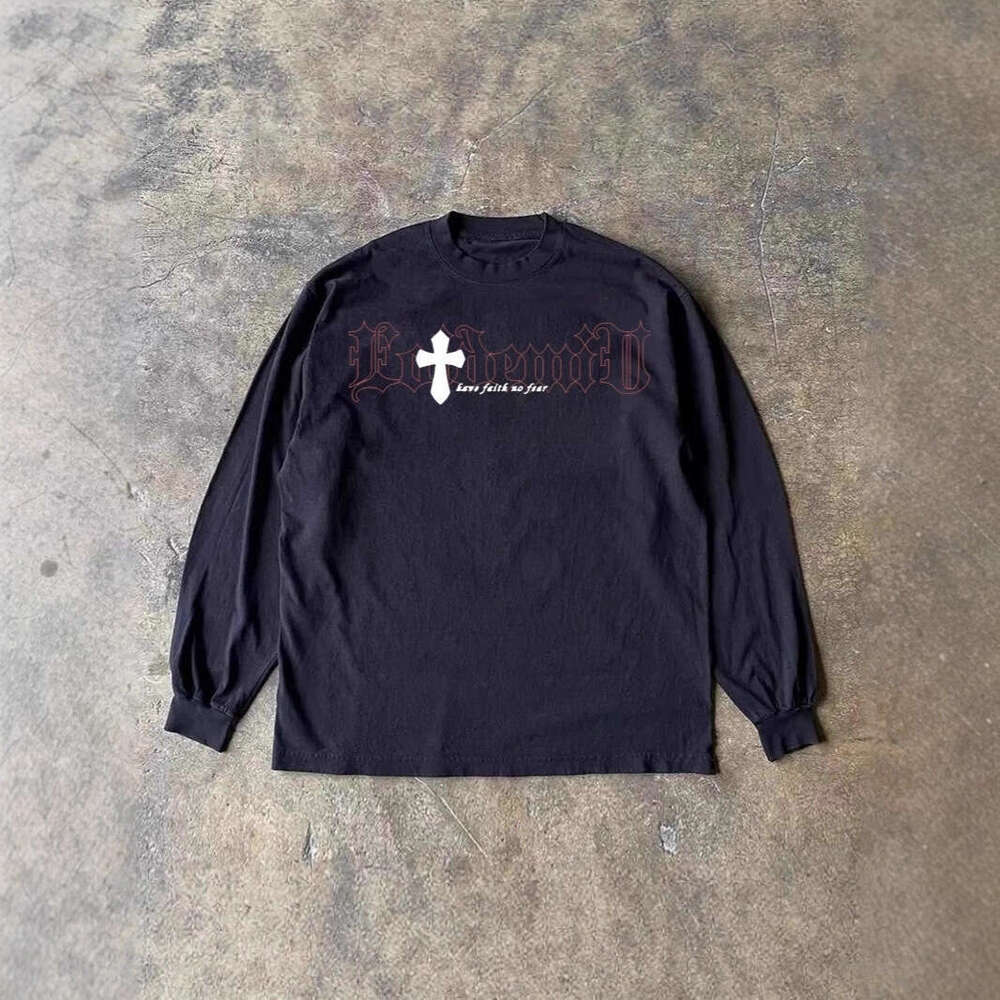 300g Heavyweight Pure Cotton! American Style Cross Oversize Long Sleeve T-Shirt for Men and Women, Loose Retro Couple Shirt