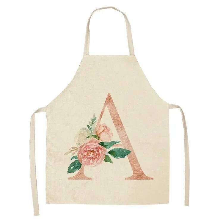 Pink Letter Flower Kitchen Aprons for Women Cotton Linen Bibs Household Cleaning Pinafore Home Cooking Apron S260205