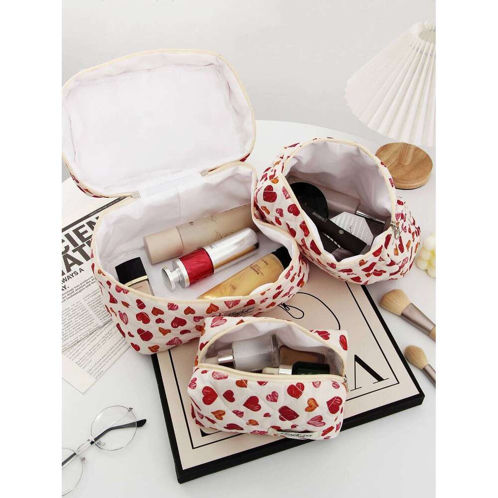 1pc/set Love Heart Quilted Cute Capacity Makeup Storage Bag, Portable Toiletry Bag Set with Zipper Y260206