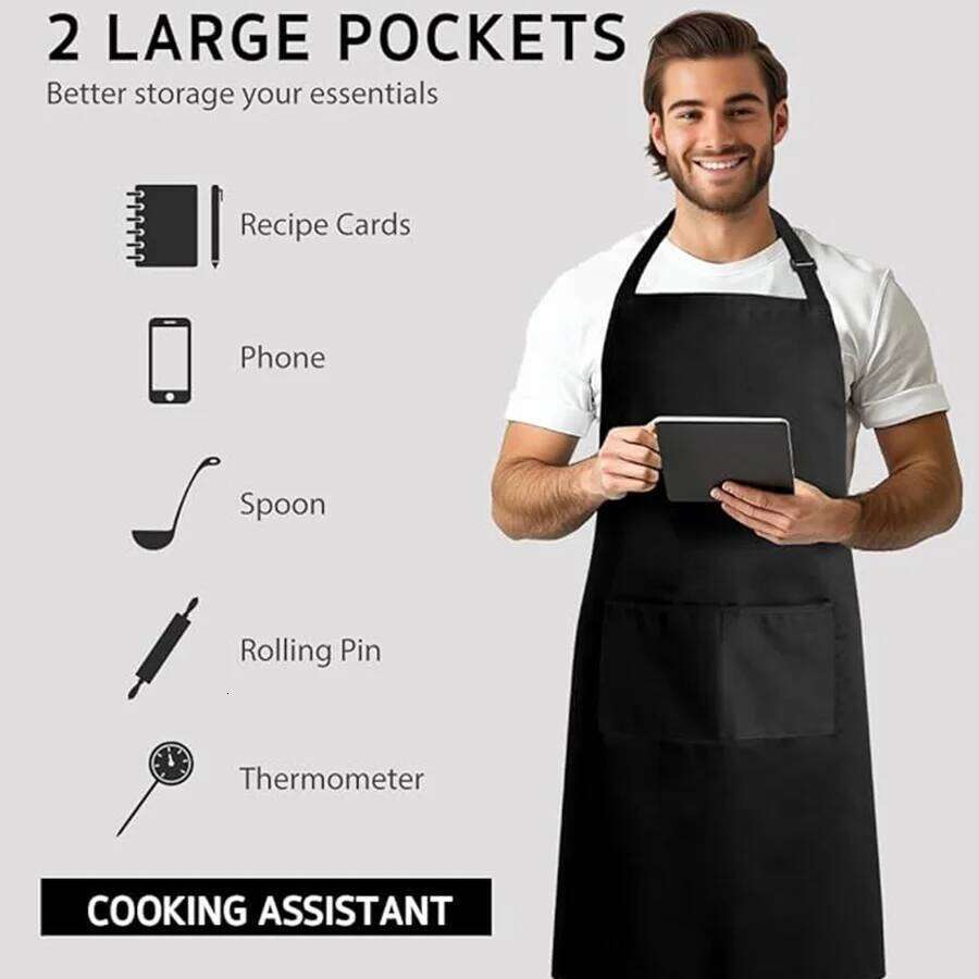 2-piece set; Simple solid color with 2 pockets; Adjustable chef's apron the kitchen suitable for men and women S260205