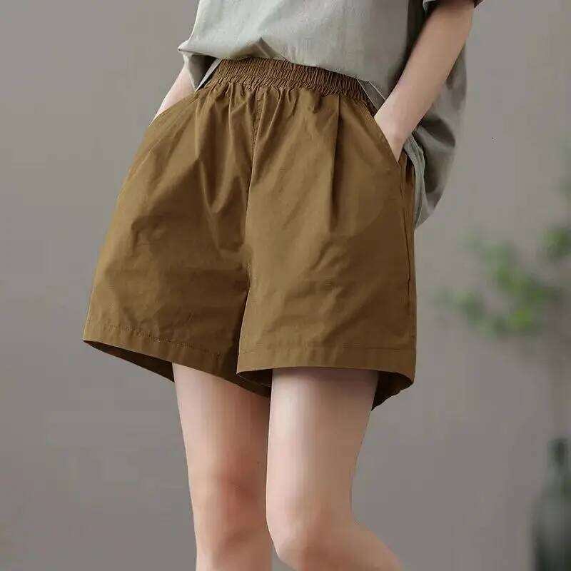 Fashion Pockets Solid Color Casual Women's Clothing 2025 Summer New Loose Elastic High Waist Wide Leg Shorts XJ260206