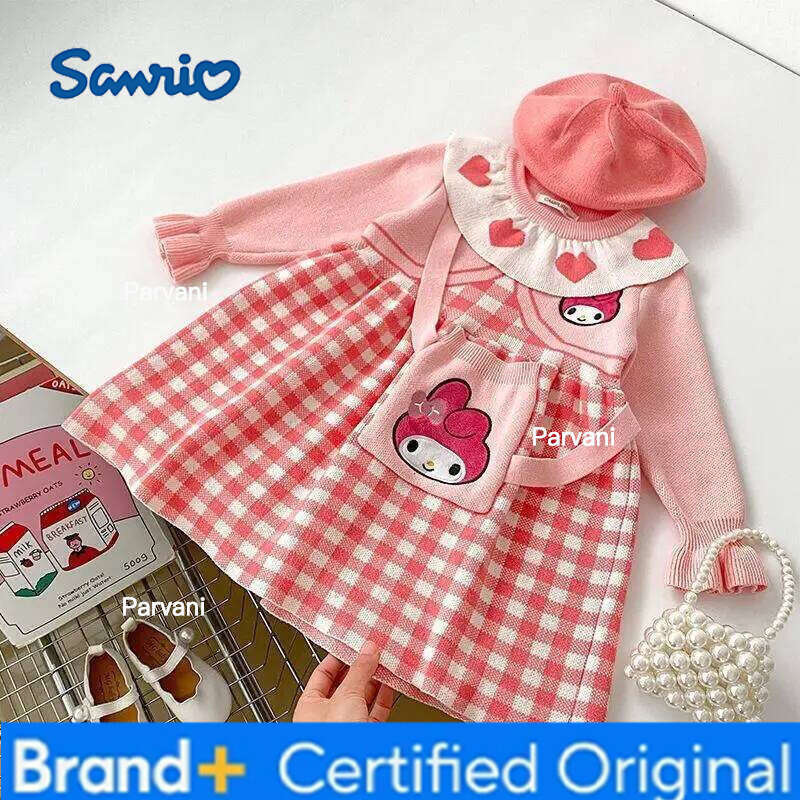 Sanrio My Melody Hello Kitty Dress Soft Wool Knit for Little Girls Autumn Winter Cute Cartoon Long Sleeve Plaid Pattern Kawaii H260206 - view 3