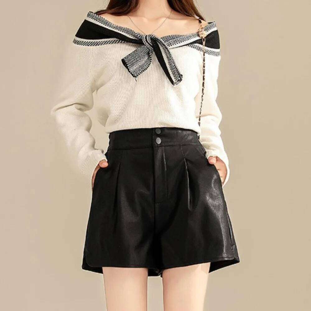 Fashion PU High Leather Black Baggy Hot Woman Short Pants Button Loose Elastic Waist Shorts Office XJ260206