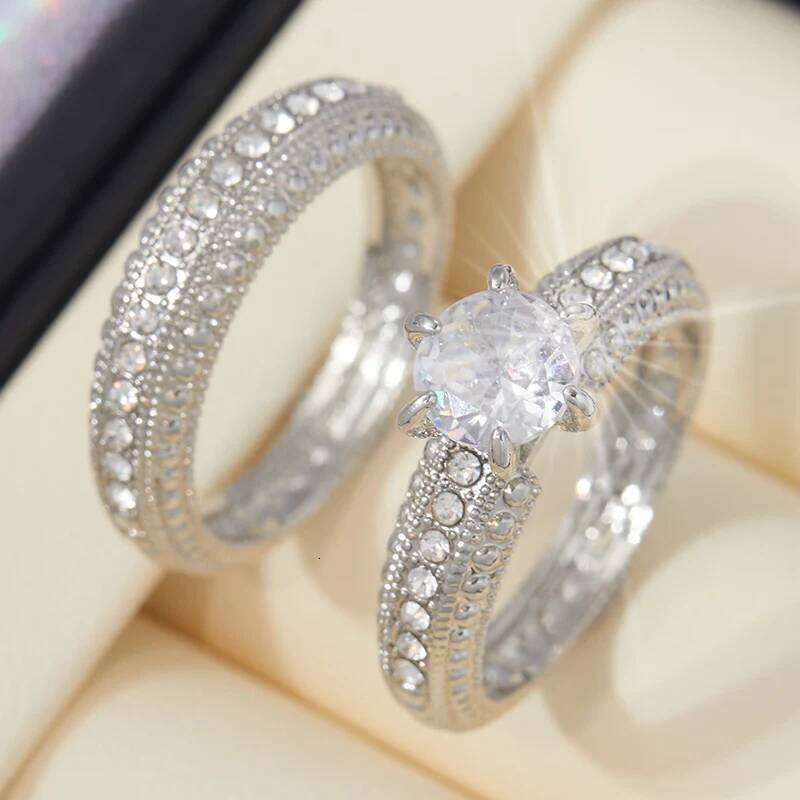 2Pcs New Sparkling Inlaid Zirconia Wedding Ring Women's Elegant Couple Engagement Banquet Party Jewelry Gift W260206