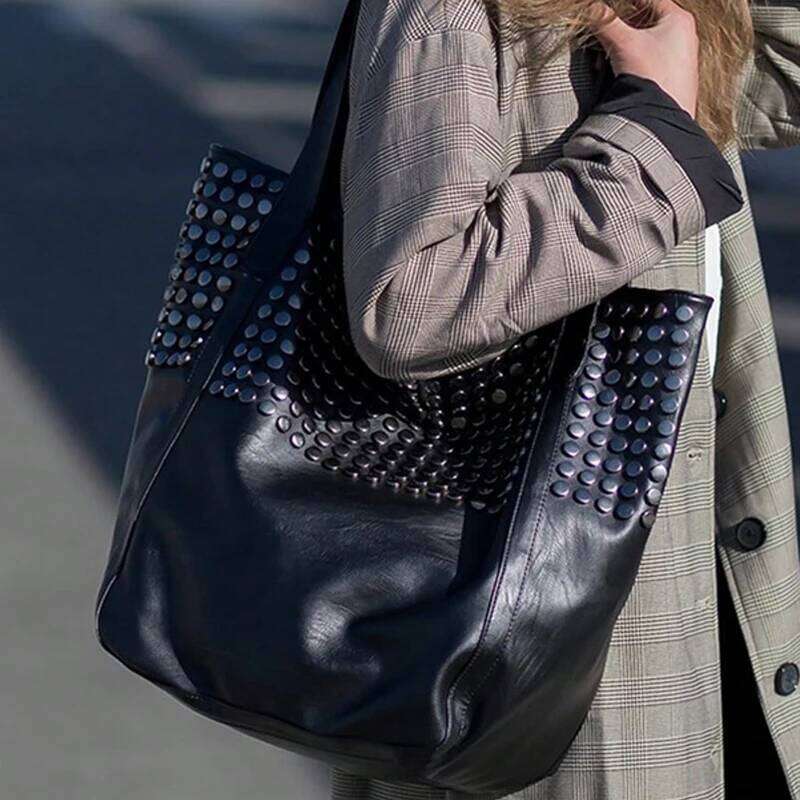 SHELKSBAG 2025 New in Fashion Women's Tote Bags Black Studded Faux Leather Handbags Ladies Large Capacity Foldable Shoulder Bag Y260205