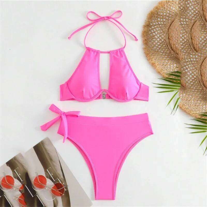 Brown High Waisted Bikini Set String Halter Swimwear Sexy Swimsuit Women Hollow Out Bathing Suit Push Up Bikinis 2024 Mujer XJ260206