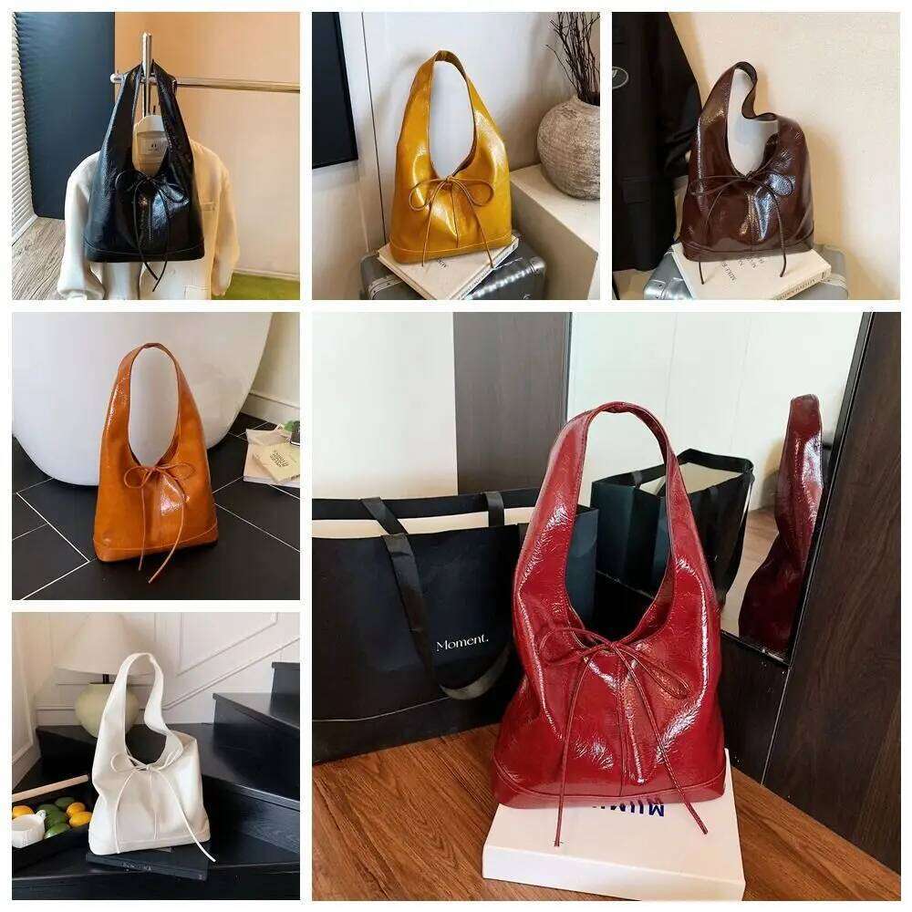 New Deisgn Oil Wax Leather Tote Large Capacity Solid Color Bow Bucket Sweet Korean Style Commuting Shoulder Bag Ladies Y260205