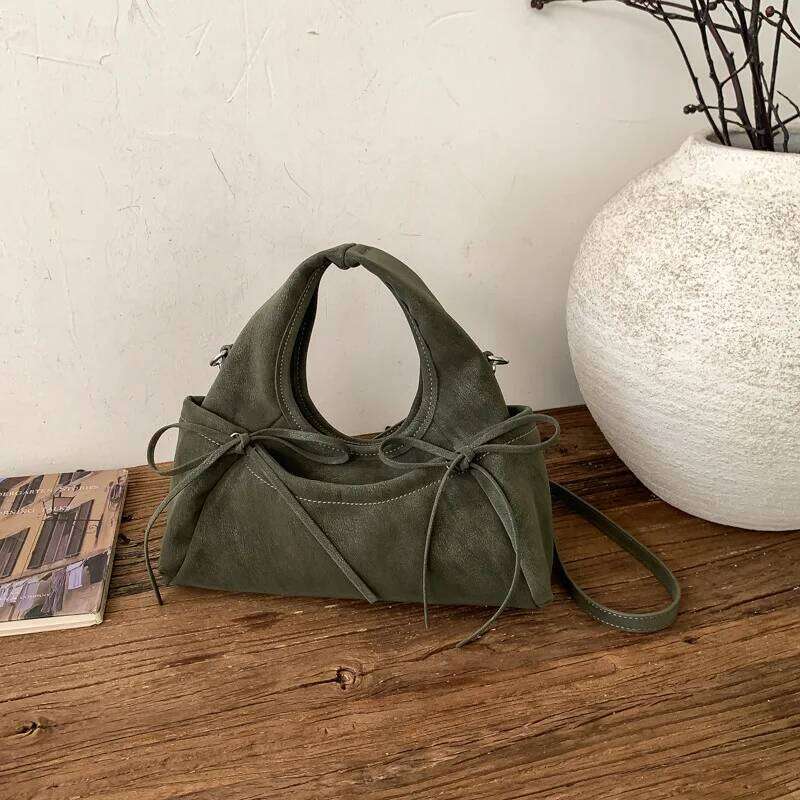 Dainty Double Bows PU Leather Suede Clutch Women Slouchy Chic Purse Satchel For Party Use Crossbody Strap Y260205