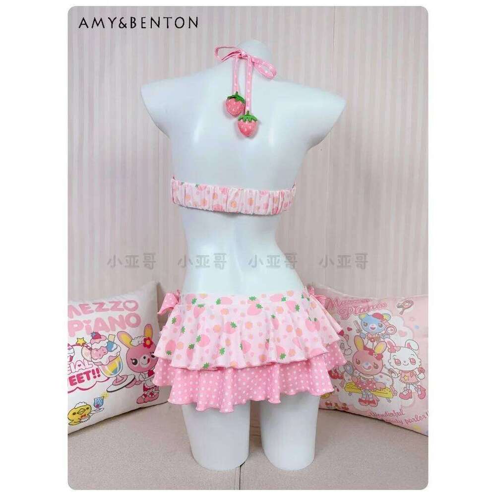 Kawaii Cartoon Strawberry Print Two-Piece Skirt Swimsuit Cute Princess Style Beach Swimwear Sweet Girl Sexy Bikini Set XJ260206