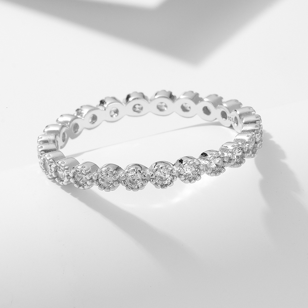 ins-style simple micro-inlaid zircon stackable versatile s925 sterling silver geometric round full-diamond ring jewelry