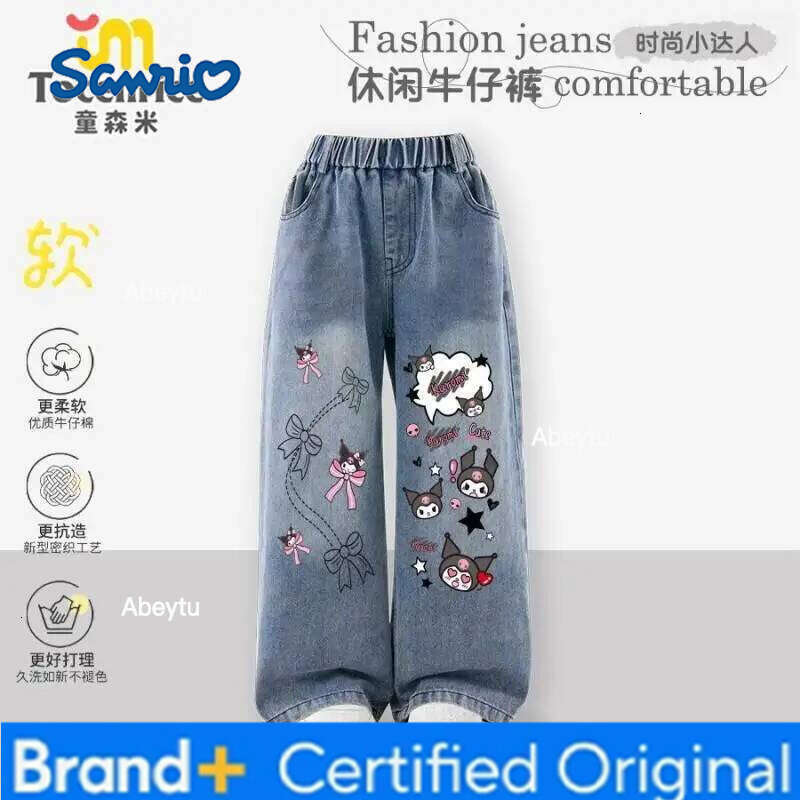 Sanrio Hello Kitty Kuromi Straight Cut Wide-Leg Jeans Girl Student Spring, Autumn, and Winter Pants Thicken Children's Clothing H260206