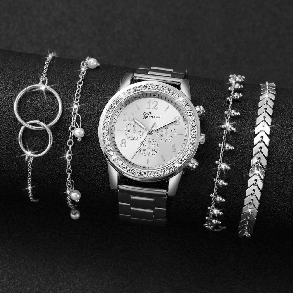 5PCS/Set Fashion Rhinestone Women's Watch Alloy Band Analog Quartz Watches Bracelets Set Reloj Mujer Girls Clock Z260206