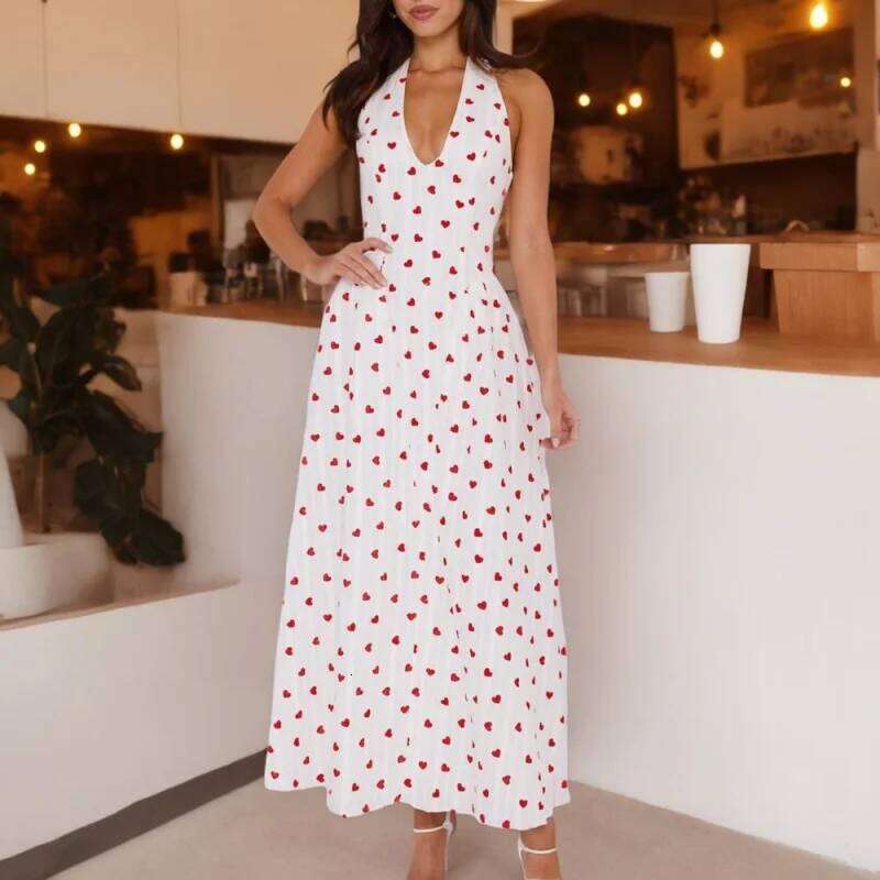 Xingqing Women Valentines Day Dress Y2k Clothes Heart Print Sleeveless Backless Long Holiday Party Dresses Streetwear