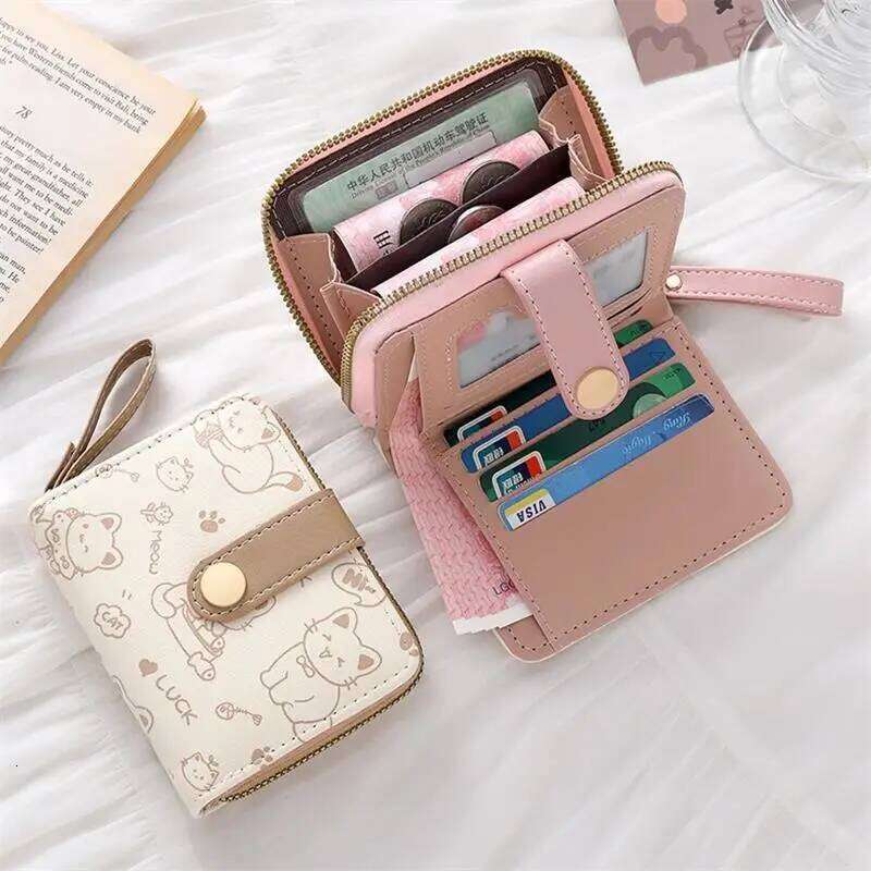 Cute Cat PU Leather Purse Women Fashion Short Folding Zipper Wallet ID Card Holder Travel Lightweight Cash Coin Bags Y260206