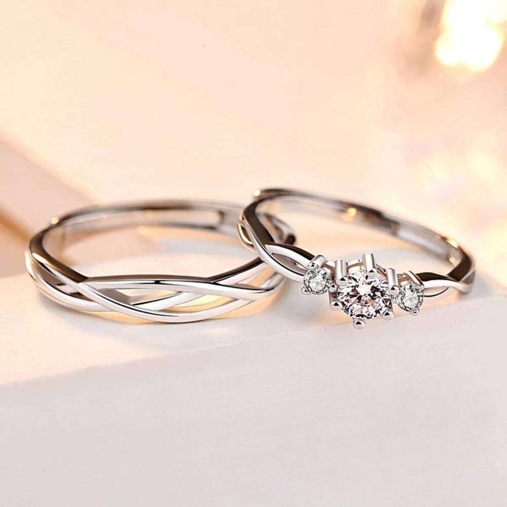 2Pcs/Set Minimalist Classic Twisted Weave Zircon Couple Rings For Women Men Trendy Romantic Geometric Ring Anniversary Jewelry W260206