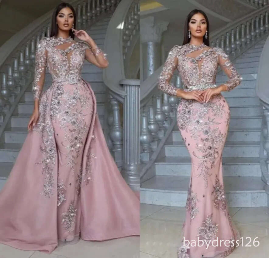 Silver Lace Beaded Mermaid Prom Dresses Appliques Formal Evening Party Gowns Full Sleeves Detchable Train Pink Special occasion Dress Vestidos de gala