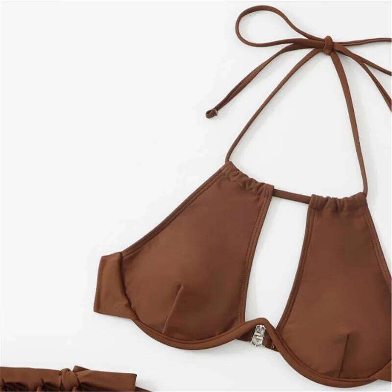 Brown High Waisted Bikini Set String Halter Swimwear Sexy Swimsuit Women Hollow Out Bathing Suit Push Up Bikinis 2024 Mujer XJ260206