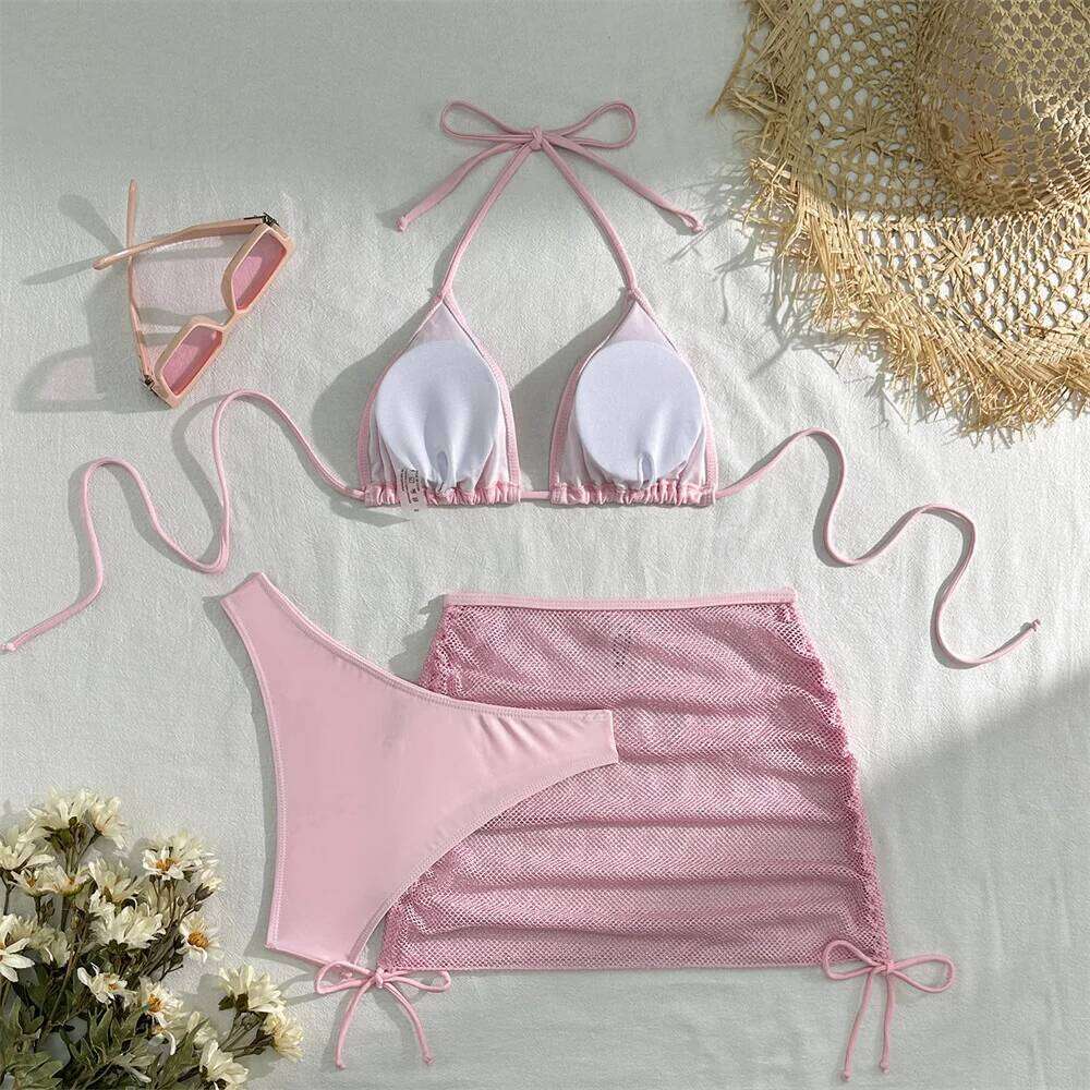 Sexy Pink Bikini Extrem String Backless Swimwear Mesh Skirt Women Push Up Swimsuit Black Y2K Thong Bikinis Beach Vacation Outfit Z260206