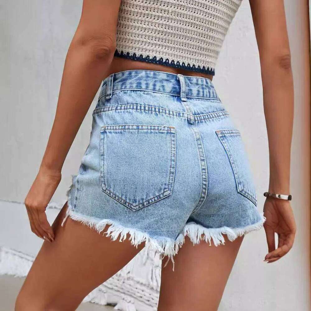European and American Women's Blue Ripped Denim Shorts C260206