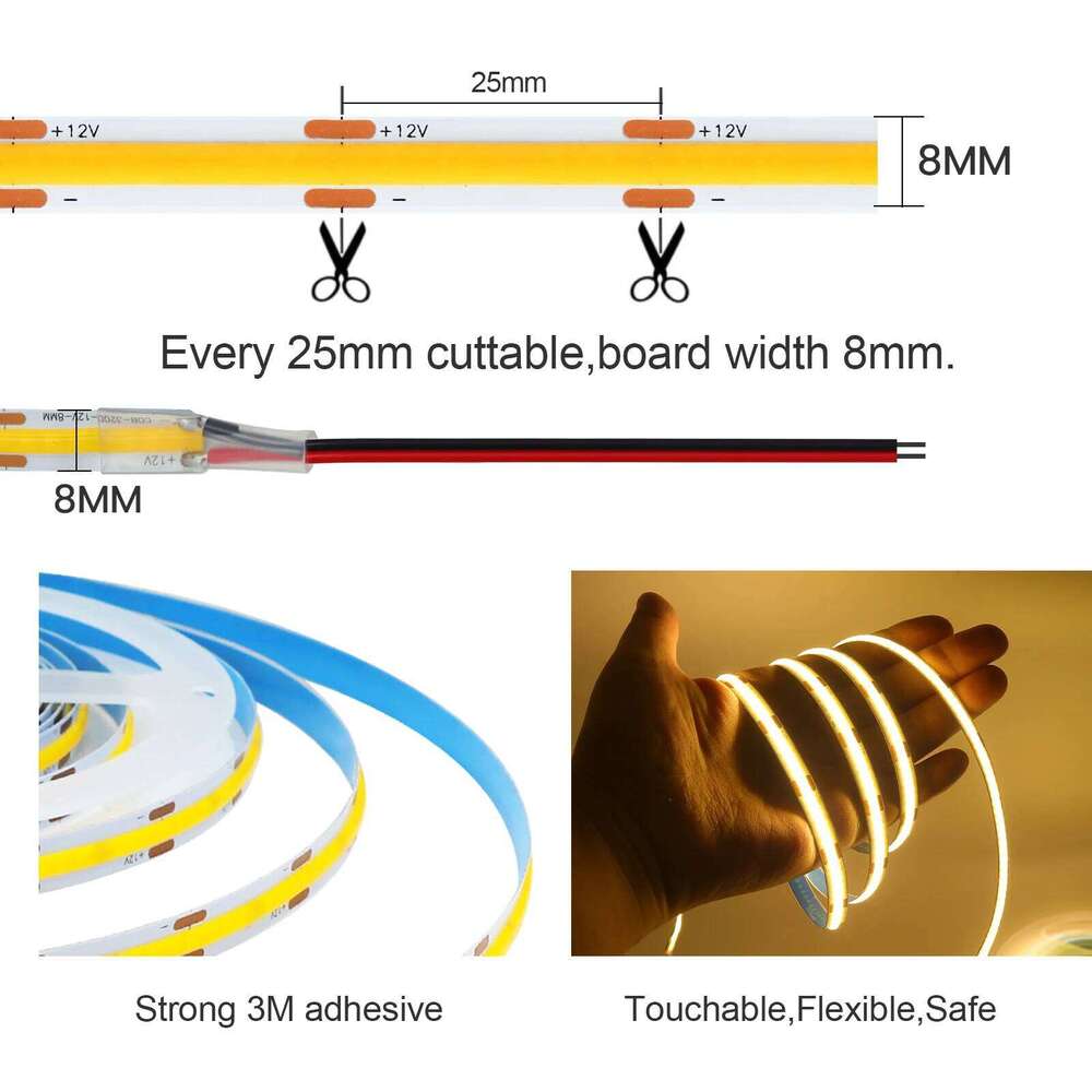 DC12V COB Strip 8MM 320LEDs/m Flexible Tape Ribbon 3000K 4000K 6000K High Density FOB LED Lights Kitchen Room Decor Z260206