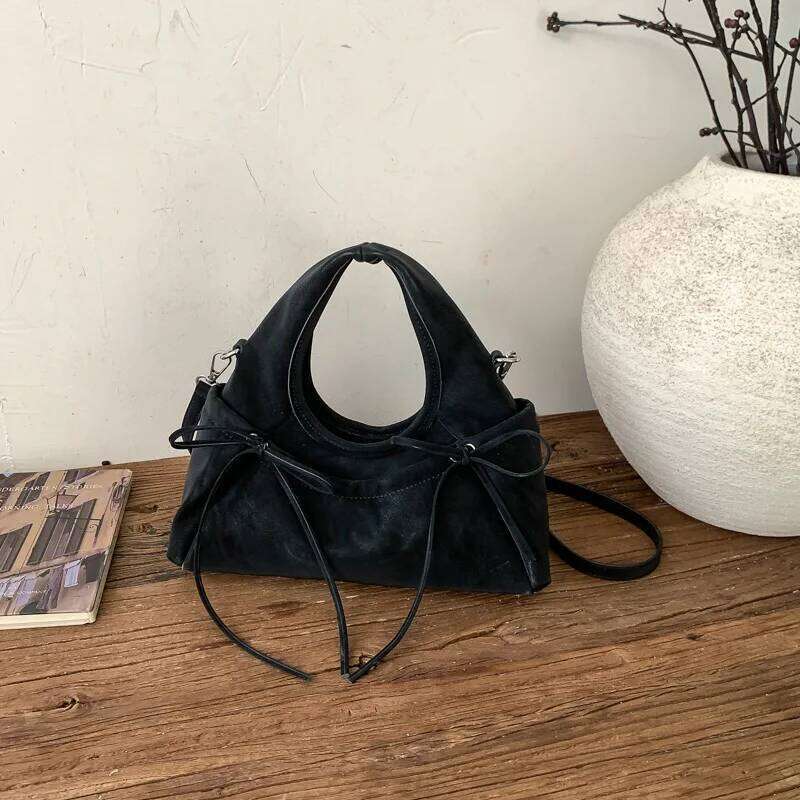 Dainty Double Bows PU Leather Suede Clutch Women Slouchy Chic Purse Satchel For Party Use Crossbody Strap Y260205