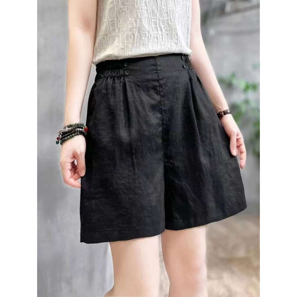 Retro High Waist Pleated Cotton Linen orts Women Summer Thin Loose Slimming Casual Five-Quarter Straight Wide Leg Pants XJ260206