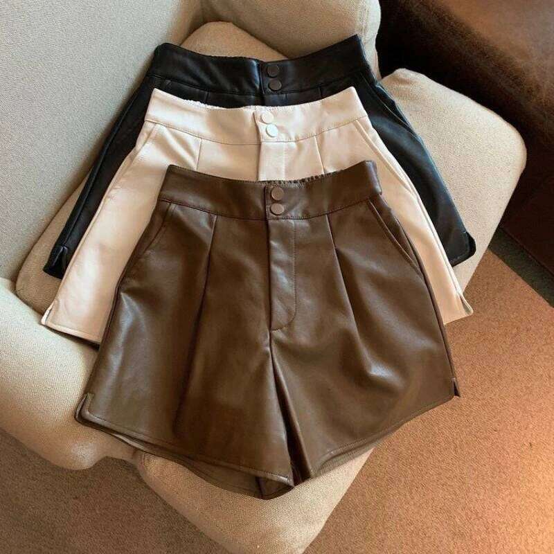 Kids Girls PU Leather 2024 Spring Autumn High Waist Casual Loose Pants Black Coffee Apricot Teenage Wide Leg Shorts XJ260206
