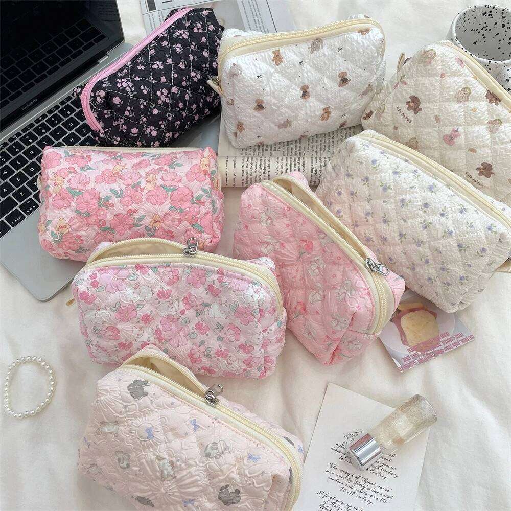 Pink Flower Women Makeup Bag Travel Organizer Coins Handbag Pouch Girls Cute Cartoon Square Zipper Cosmetic Bags Y260206