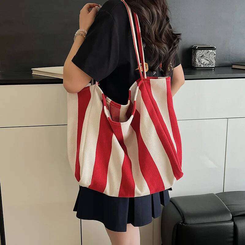 Summer Stripe Canvas Tote Female Casual Large Capcity Simple Shoulder Bags Shopping Handbag Daily Totes Bag Y260205