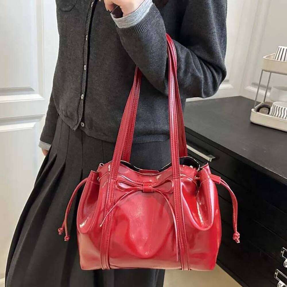 Solid Color Texture Tote Magnetic Button Large Capacity Bow PU Shoulder Bag Handbag Waterproof Lady Underarm Pouch Women Y260205