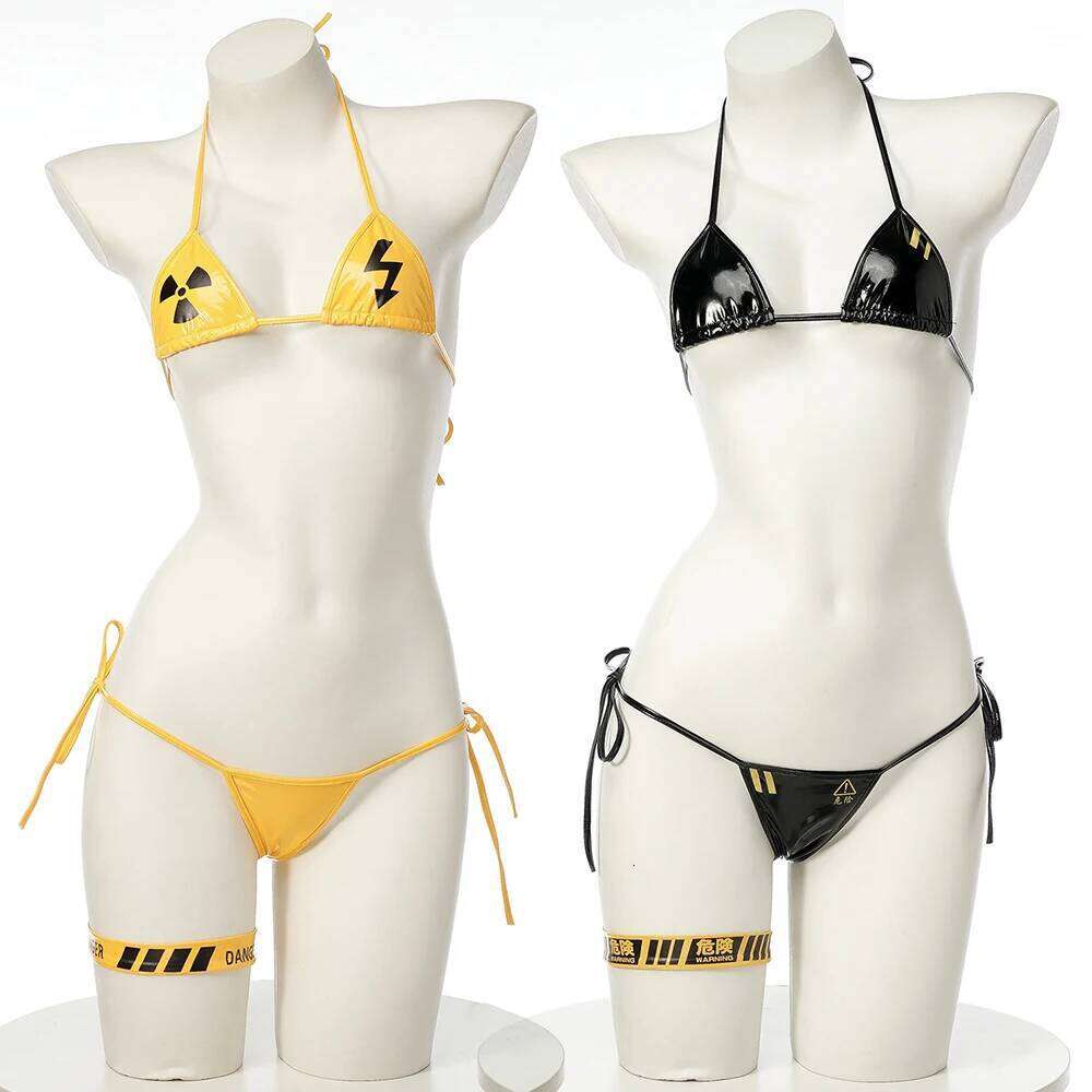 Punk Bikini Sexy Leather Bra Underwear Lingerie Danger Caution Print Swimsuit Low Waist Bikinis Sets Beach Swimwear Z260206