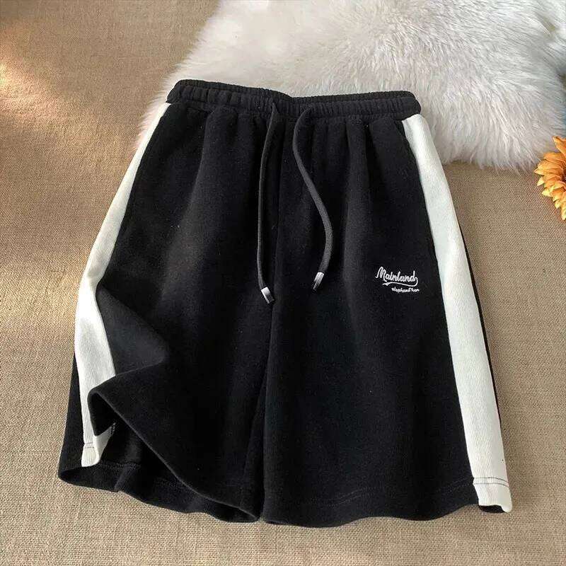 Y2K Letter Embroidery Striped Women Fashion Streetwear Jogging Sport Bf High Waist Loose All-Match Wide Leg Shorts XJ260206